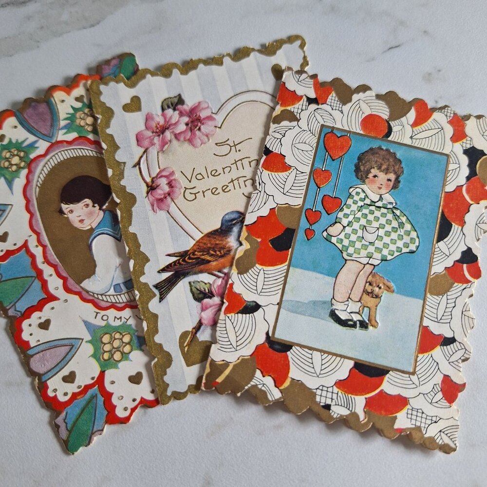 Vintage St Valentines Day Greeting Cards Set Of 3 Mini‎ Heart Bird Small 4 Inch